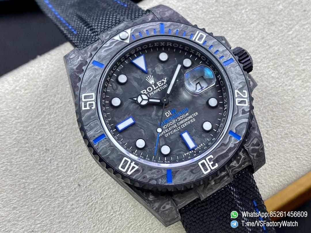 VS Factory Diw Submariner Black Carbon Case and Dial Black Carbon Bezel with Blue Indexes Black Nylon Strap DD3135 Movement 02 VS Factory Diw Submariner Black Carbon Case and Dial Black Carbon Bezel with Blue Indexes Black Nylon Strap DD3135 Movement 02