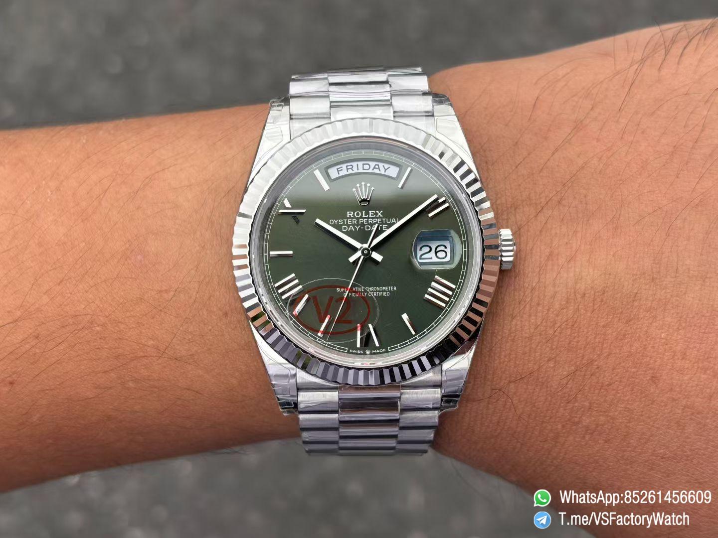 VSF Rolex DayDate 40mm 228239 Green Dial wtih Roma Markers 904L Steel Case and President Bracelet DanDong 3255 Movement V2 Weight 182g 01 VSF Rolex DayDate 40mm 228239 Green Dial wtih Roma Markers 904L Steel Case and President Bracelet DanDong 3255 Movement V2 Weight 182g 01