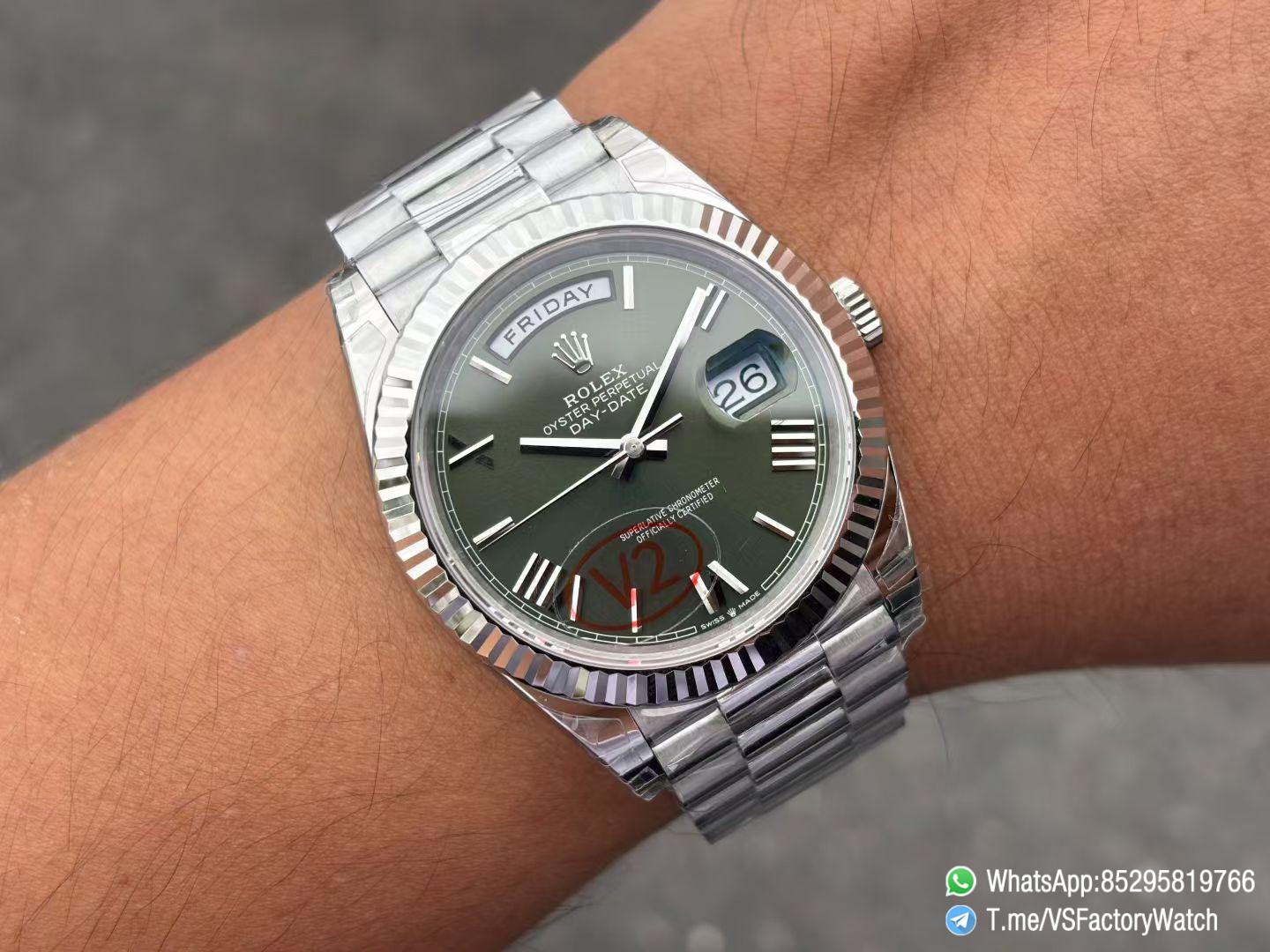 VSF Rolex DayDate 40mm 228239 Green Dial wtih Roma Markers 904L Steel Case and President Bracelet DanDong 3255 Movement V2 Weight 182g 02 VSF Rolex DayDate 40mm 228239 Green Dial wtih Roma Markers 904L Steel Case and President Bracelet DanDong 3255 Movement V2 Weight 182g 02