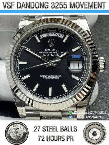 VSF Watches DayDate 40mm 228239 Black Dial 904L Stainless Steel Case and President Bracelet VS DanDong 3255 Movement V2 Weight 182g 00