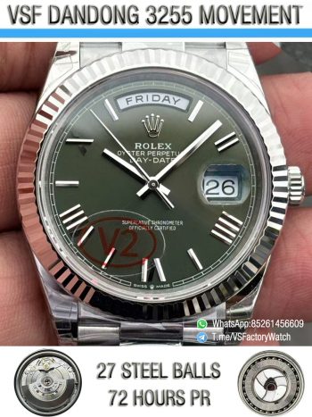 VSF Watches DayDate 40mm 228239 Green Dial with Roma Indexes 904L Stainless Steel Case and President Bracelet DanDong 3255 Movement V2 Weight 182g