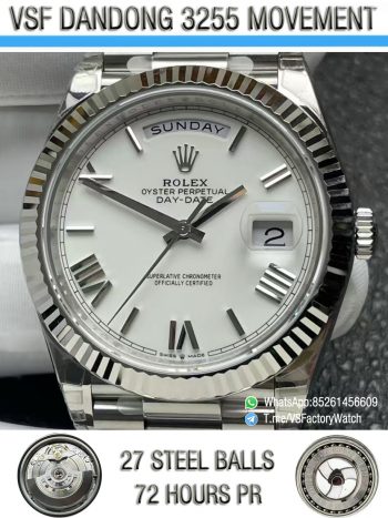 VSF Watches DayDate 40mm 228239 White Dial with Roman Indexes 904L Stainless Steel Case and President Bracelet VS3255 V2 Weight 182g 000