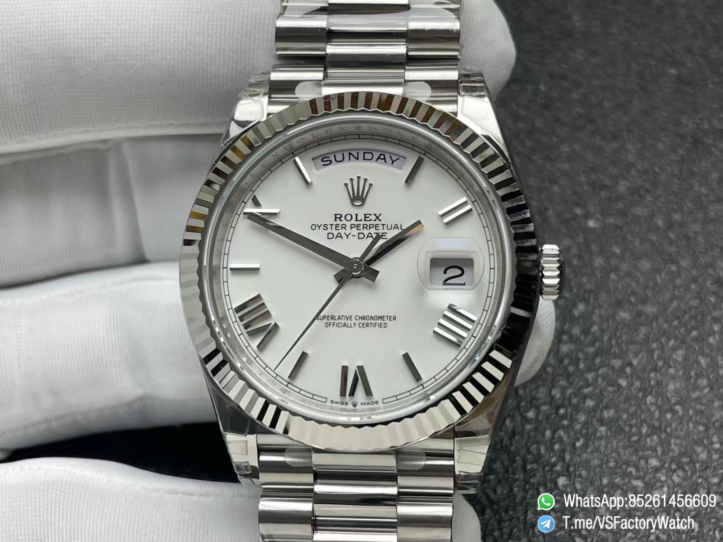 VSF Watches DayDate 40mm 228239 White Dial with Roman Indexes 904L Stainless Steel Case and President Bracelet VS3255 V2 Weight 182g 01 VSF Watches DayDate 40mm 228239 White Dial with Roman Indexes 904L Stainless Steel Case and President Bracelet VS3255 V2 Weight 182g 01