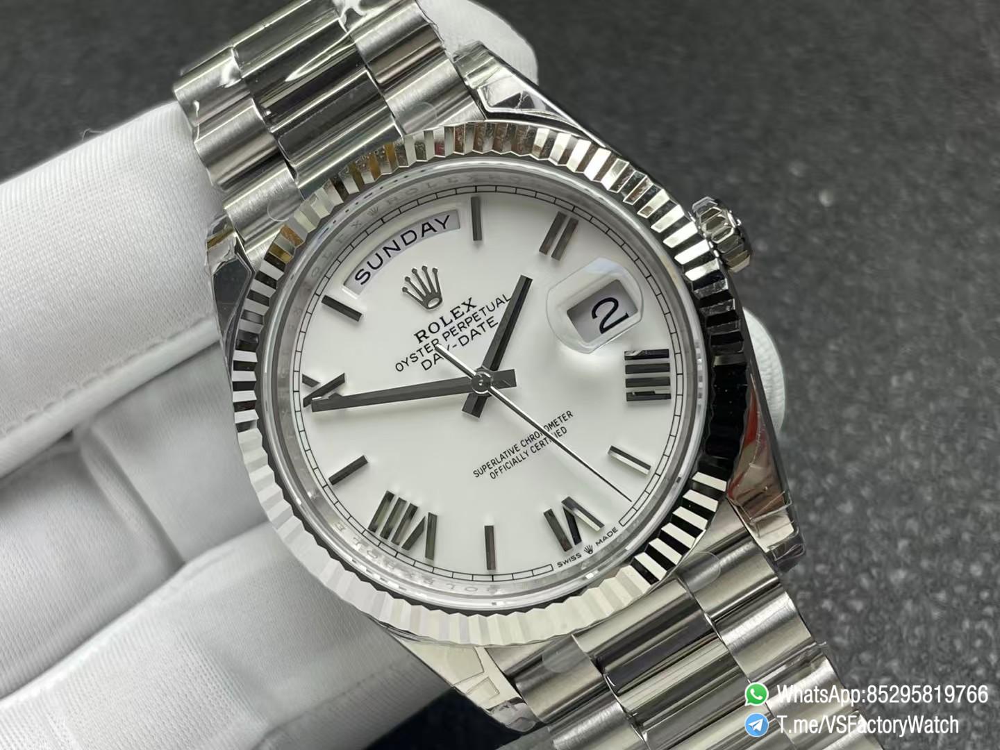 VSF Watches DayDate 40mm 228239 White Dial with Roman Indexes 904L Stainless Steel Case and President Bracelet VS3255 V2 Weight 182g 02 VSF Watches DayDate 40mm 228239 White Dial with Roman Indexes 904L Stainless Steel Case and President Bracelet VS3255 V2 Weight 182g 02
