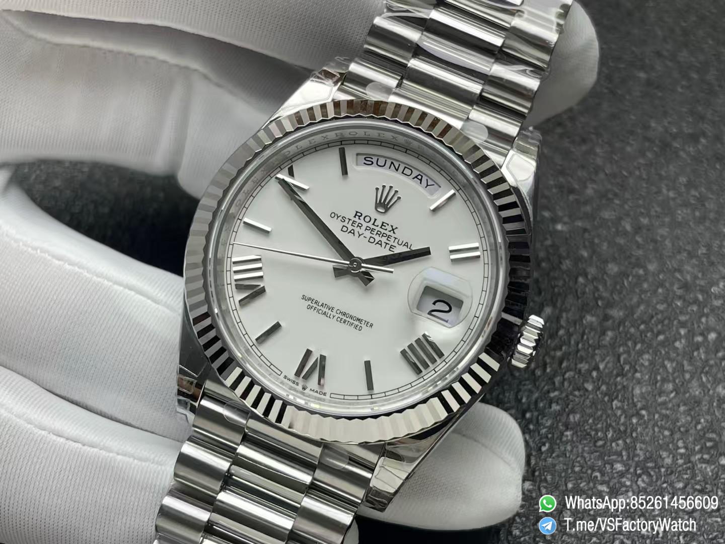 VSF Watches DayDate 40mm 228239 White Dial with Roman Indexes 904L Stainless Steel Case and President Bracelet VS3255 V2 Weight 182g 03 VSF Watches DayDate 40mm 228239 White Dial with Roman Indexes 904L Stainless Steel Case and President Bracelet VS3255 V2 Weight 182g 03