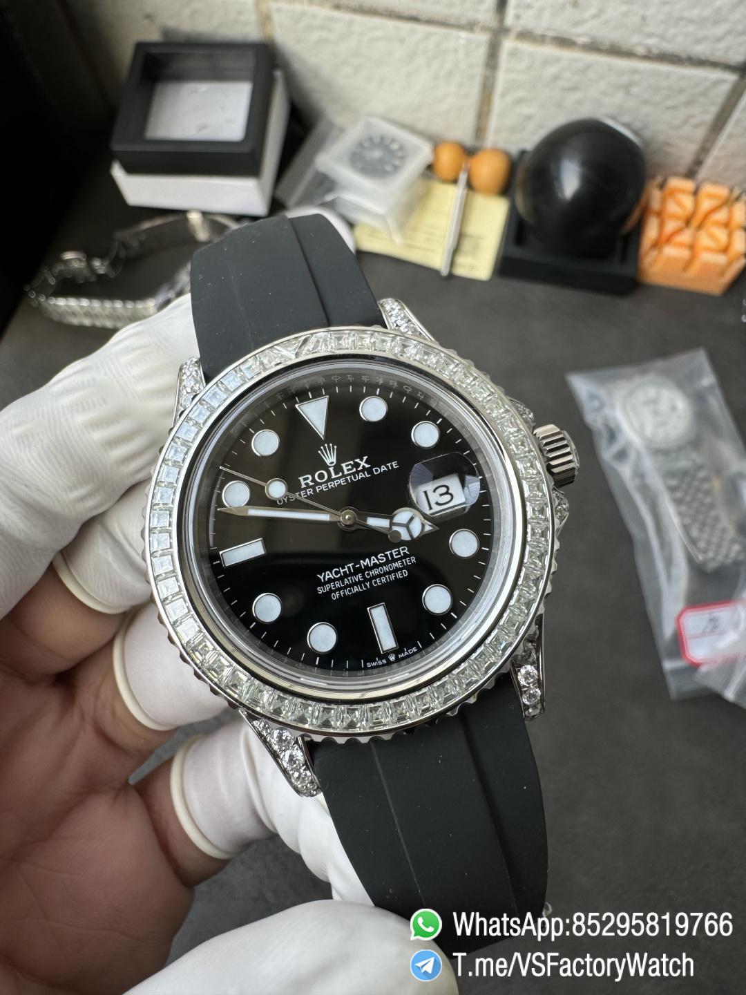 VS Factory Watch Yacht Master 226659 42mm Gain Weignt 147g Moissanite Diamonds Bezel Black Dial Oysterflex Strap DanDONG 3235 Movement 02 VS Factory Watch Yacht Master 226659 42mm Gain Weignt 147g Moissanite Diamonds Bezel Black Dial Oysterflex Strap DanDONG 3235 Movement 02