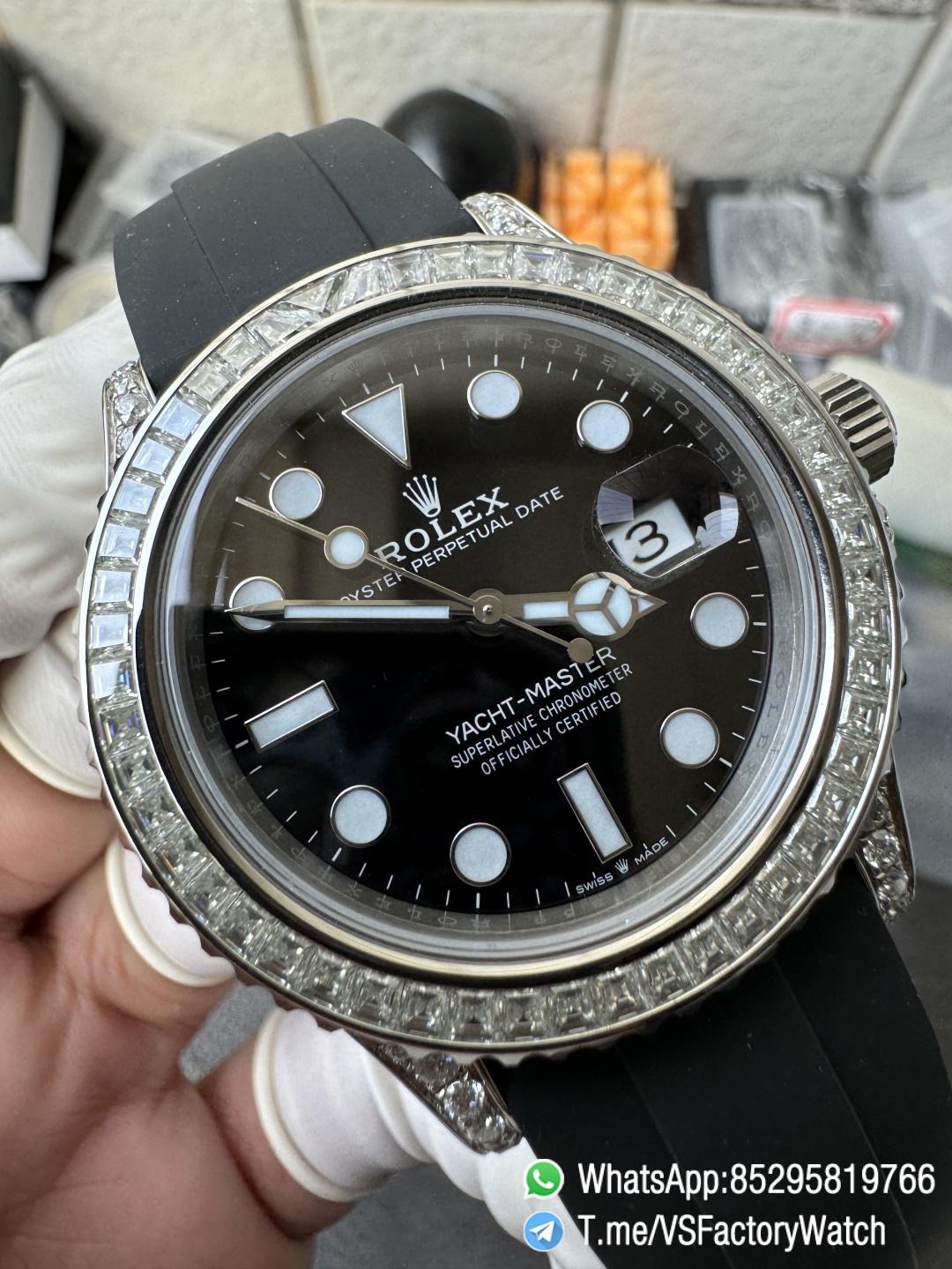 VS Factory Watch Yacht Master 226659 42mm Gain Weignt 147g Moissanite Diamonds Bezel Black Dial Oysterflex Strap DanDONG 3235 Movement 04 VS Factory Watch Yacht Master 226659 42mm Gain Weignt 147g Moissanite Diamonds Bezel Black Dial Oysterflex Strap DanDONG 3235 Movement 04