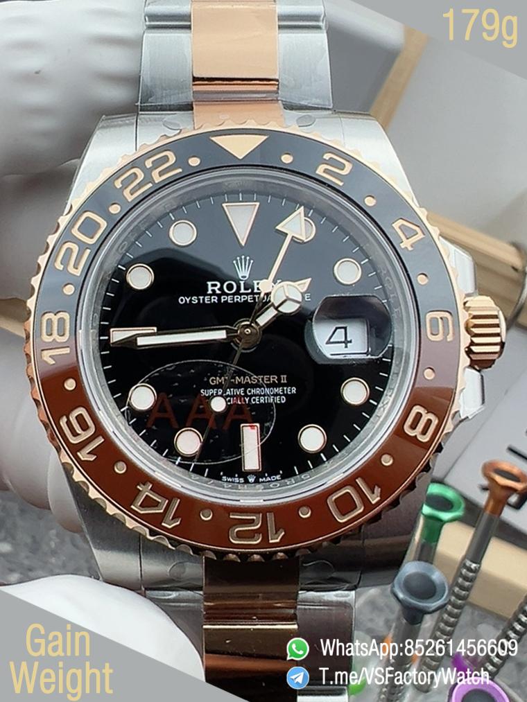 VSF GMT Master II Root Beer 126711CHNR Gain Weight 176G Black Brown Ceramic Bezel Black Dial Rose Gold Two Tone Bracelet DanDong 3285 Movement 00 VSF GMT Master II Root Beer 126711CHNR Gain Weight 176G Black Brown Ceramic Bezel Black Dial Rose Gold Two Tone Bracelet DanDong 3285 Movement 00