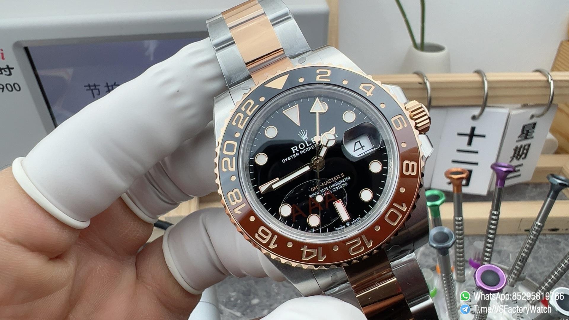 VSF GMT Master II Root Beer 126711CHNR Gain Weight 176G Black Brown Ceramic Bezel Black Dial Rose Gold Two Tone Bracelet DanDong 3285 Movement 01 VSF GMT Master II Root Beer 126711CHNR Gain Weight 176G Black Brown Ceramic Bezel Black Dial Rose Gold Two Tone Bracelet DanDong 3285 Movement 01