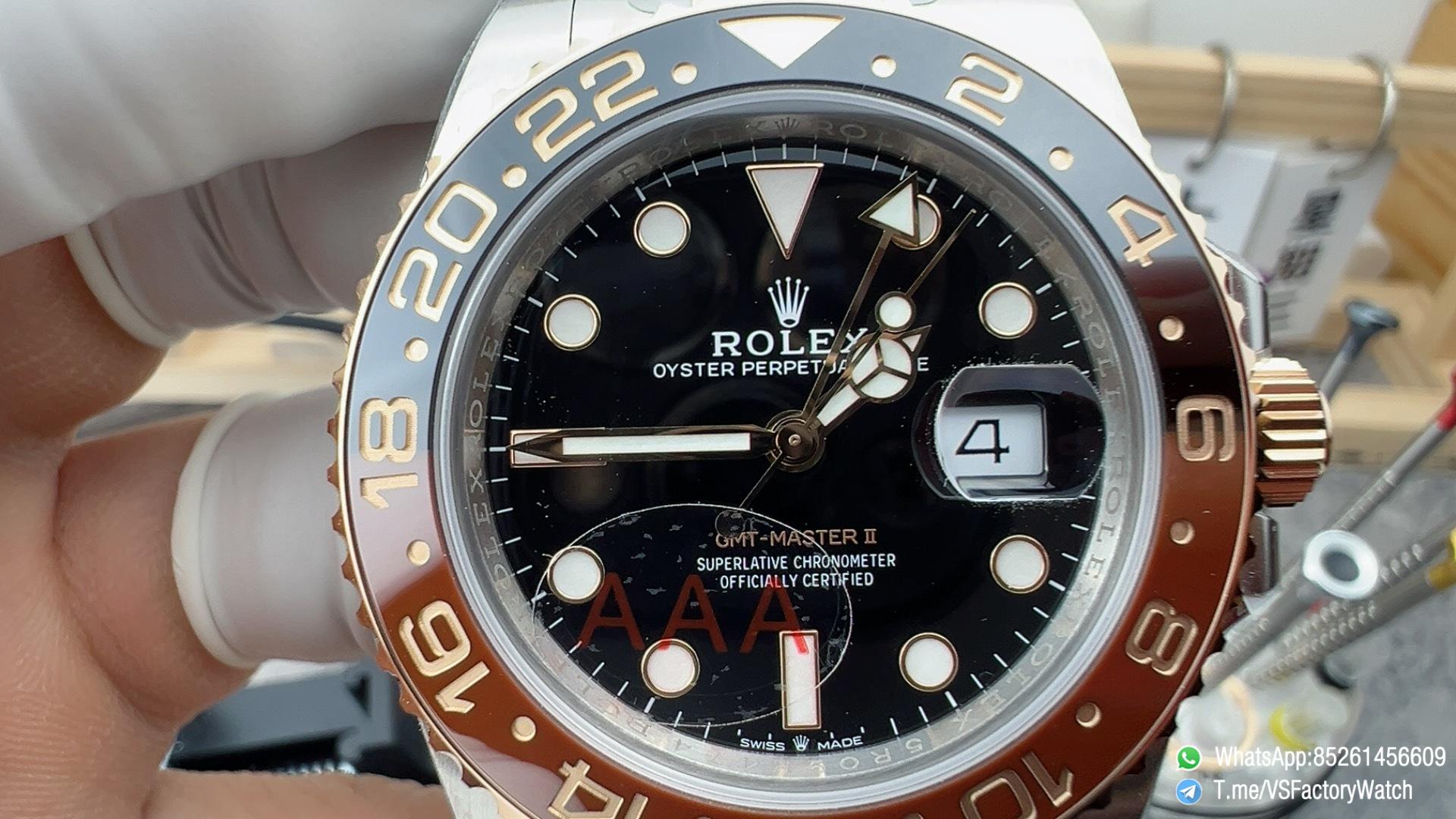 VSF GMT Master II Root Beer 126711CHNR Gain Weight 176G Black Brown Ceramic Bezel Black Dial Rose Gold Two Tone Bracelet DanDong 3285 Movement 02 VSF GMT Master II Root Beer 126711CHNR Gain Weight 176G Black Brown Ceramic Bezel Black Dial Rose Gold Two Tone Bracelet DanDong 3285 Movement 02