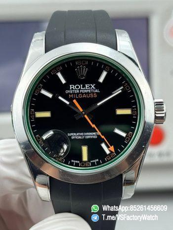 VSF Watch Milgauss 116400 Black Dial Lightning Second Hand Green Crystal Steel Case Smooth Bezel Black Rubber Strap VS3131 Movement 00