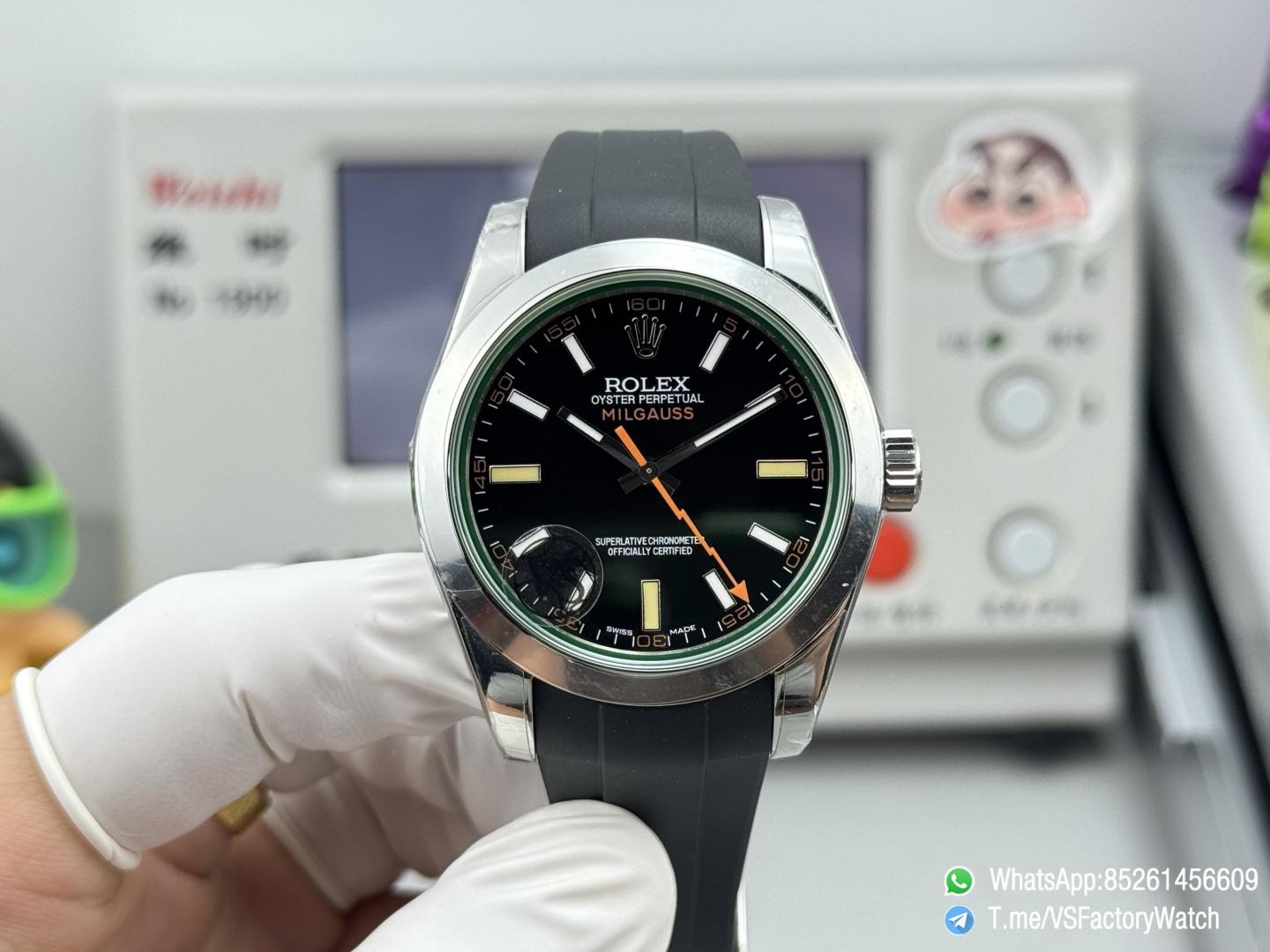 VSF Watch Milgauss 116400 Black Dial Lightning Second Hand Green Crystal Steel Case Smooth Bezel Black Rubber Strap VS3131 Movement 01 VSF Watch Milgauss 116400 Black Dial Lightning Second Hand Green Crystal Steel Case Smooth Bezel Black Rubber Strap VS3131 Movement 01