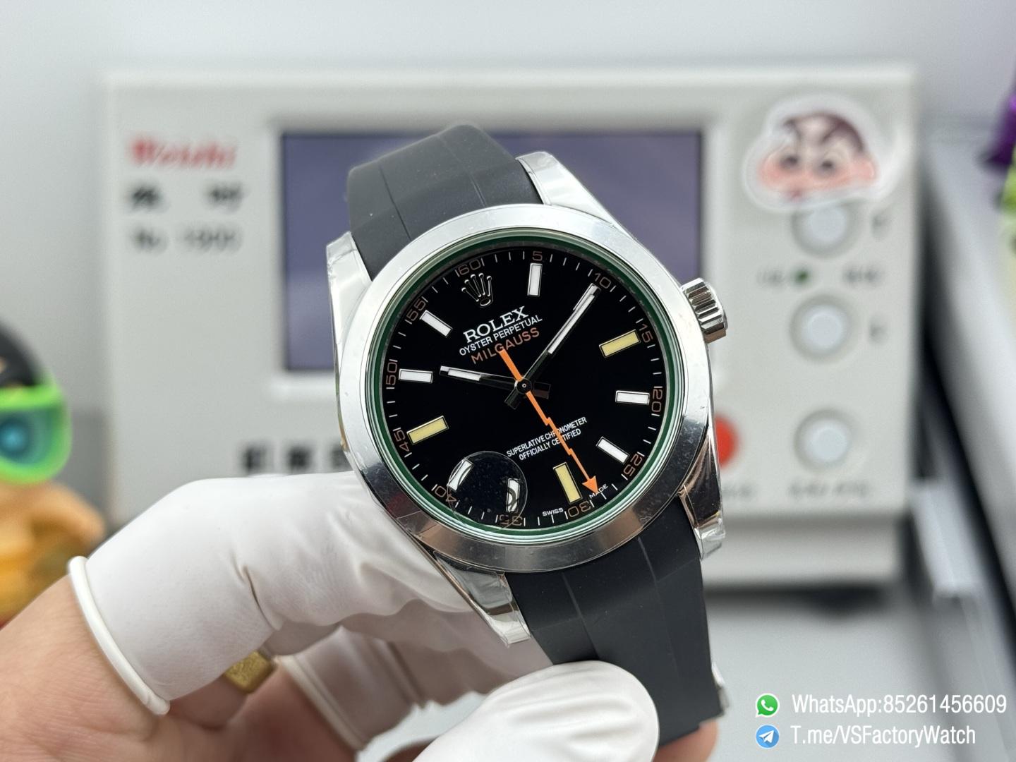 VSF Watch Milgauss 116400 Black Dial Lightning Second Hand Green Crystal Steel Case Smooth Bezel Black Rubber Strap VS3131 Movement 02 VSF Watch Milgauss 116400 Black Dial Lightning Second Hand Green Crystal Steel Case Smooth Bezel Black Rubber Strap VS3131 Movement 02