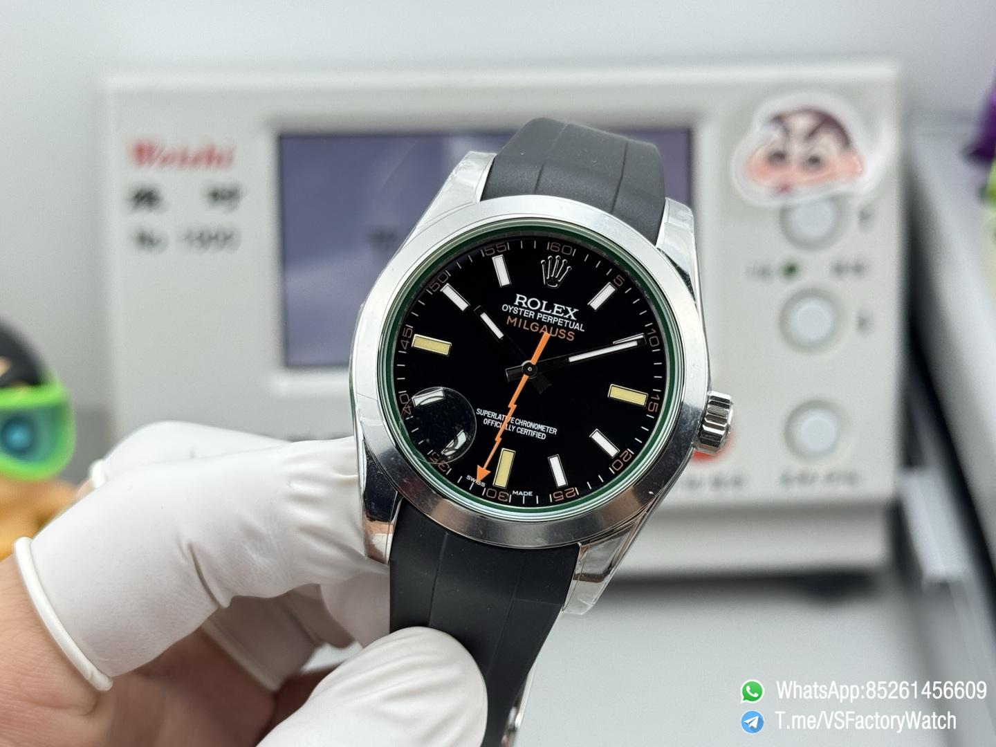 VSF Watch Milgauss 116400 Black Dial Lightning Second Hand Green Crystal Steel Case Smooth Bezel Black Rubber Strap VS3131 Movement 03 VSF Watch Milgauss 116400 Black Dial Lightning Second Hand Green Crystal Steel Case Smooth Bezel Black Rubber Strap VS3131 Movement 03