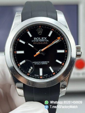 VSF Watch Milgauss 116400 Black Dial Orange Lightning Hand Steel Case Smooth Bezel Black Rubber Strap VS3131 Movement 00