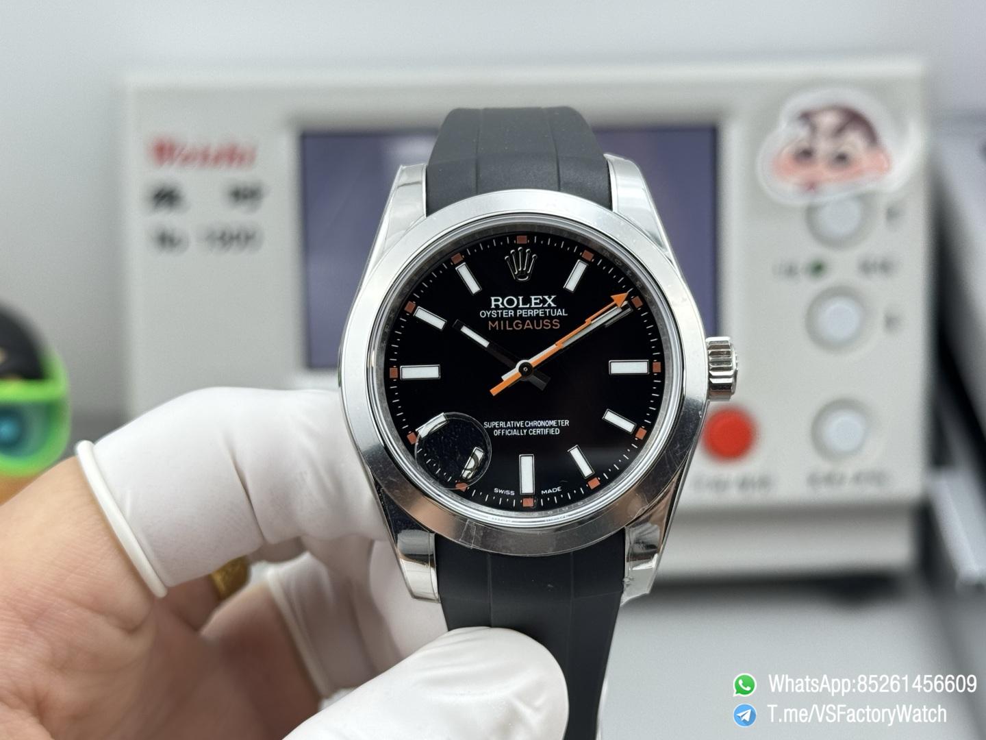 VSF Watch Milgauss 116400 Black Dial Orange Lightning Hand Steel Case Smooth Bezel Black Rubber Strap VS3131 Movement 01 VSF Watch Milgauss 116400 Black Dial Orange Lightning Hand Steel Case Smooth Bezel Black Rubber Strap VS3131 Movement 01