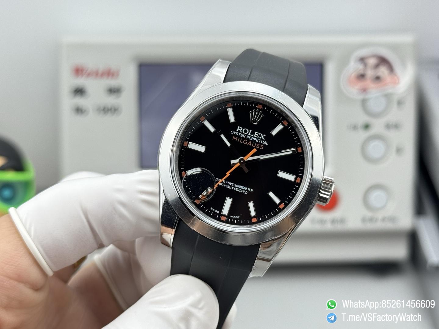 VSF Watch Milgauss 116400 Black Dial Orange Lightning Hand Steel Case Smooth Bezel Black Rubber Strap VS3131 Movement 02 VSF Watch Milgauss 116400 Black Dial Orange Lightning Hand Steel Case Smooth Bezel Black Rubber Strap VS3131 Movement 02