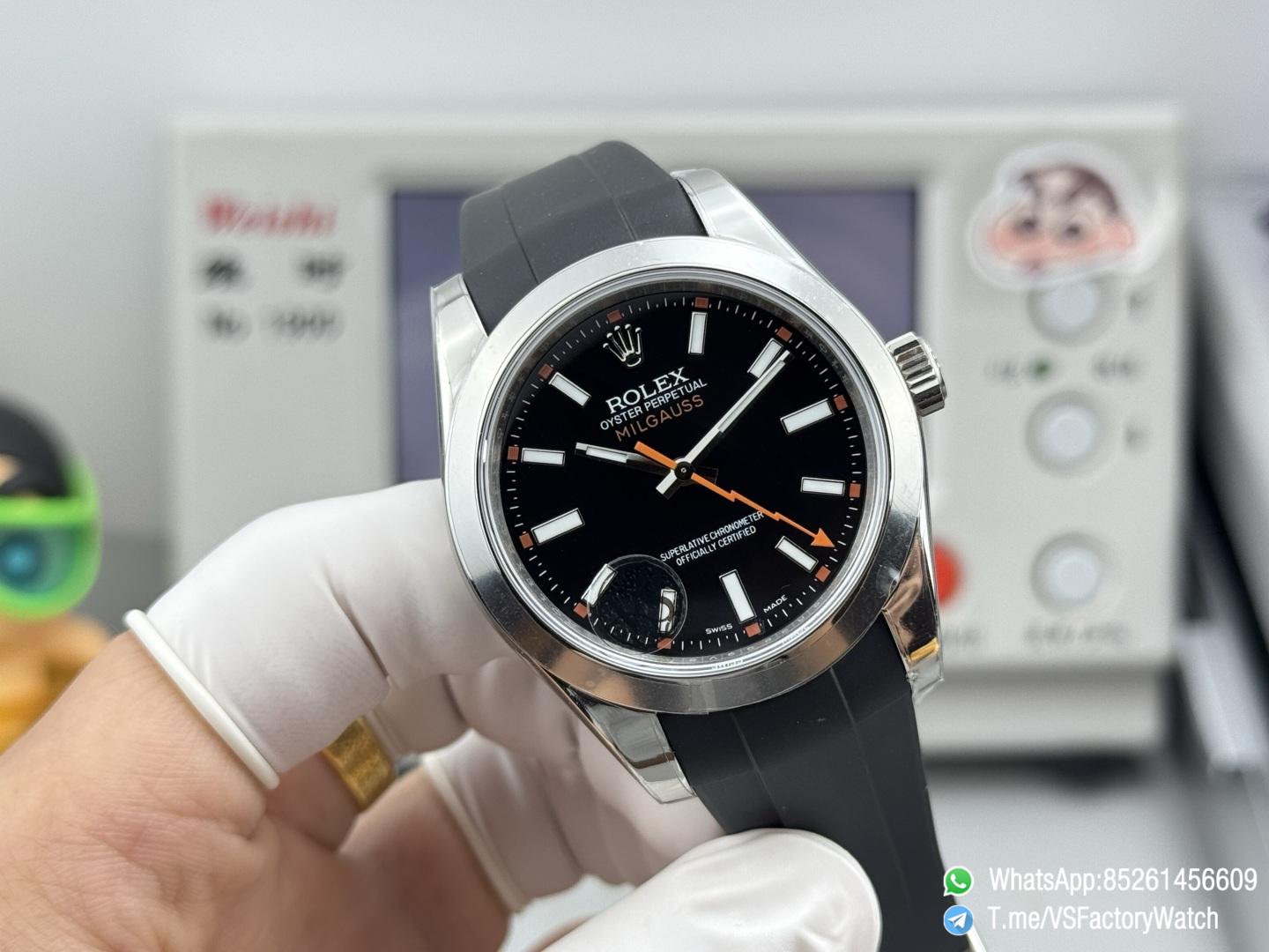 VSF Watch Milgauss 116400 Black Dial Orange Lightning Hand Steel Case Smooth Bezel Black Rubber Strap VS3131 Movement 03 VSF Watch Milgauss 116400 Black Dial Orange Lightning Hand Steel Case Smooth Bezel Black Rubber Strap VS3131 Movement 03