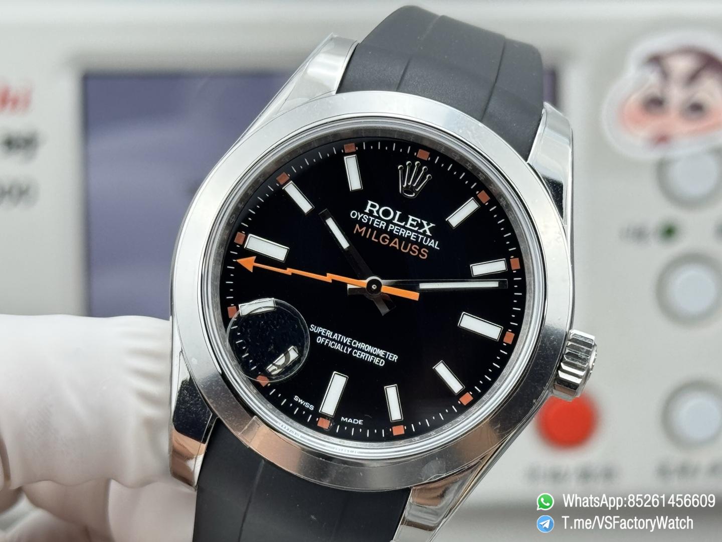 VSF Watch Milgauss 116400 Black Dial Orange Lightning Hand Steel Case Smooth Bezel Black Rubber Strap VS3131 Movement 04 VSF Watch Milgauss 116400 Black Dial Orange Lightning Hand Steel Case Smooth Bezel Black Rubber Strap VS3131 Movement 04