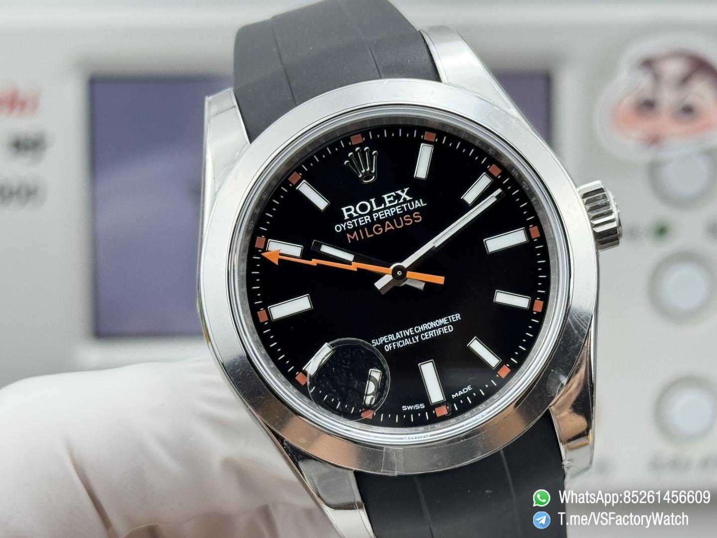 VSF Watch Milgauss 116400 Black Dial Orange Lightning Hand Steel Case Smooth Bezel Black Rubber Strap VS3131 Movement 05 VSF Watch Milgauss 116400 Black Dial Orange Lightning Hand Steel Case Smooth Bezel Black Rubber Strap VS3131 Movement 05