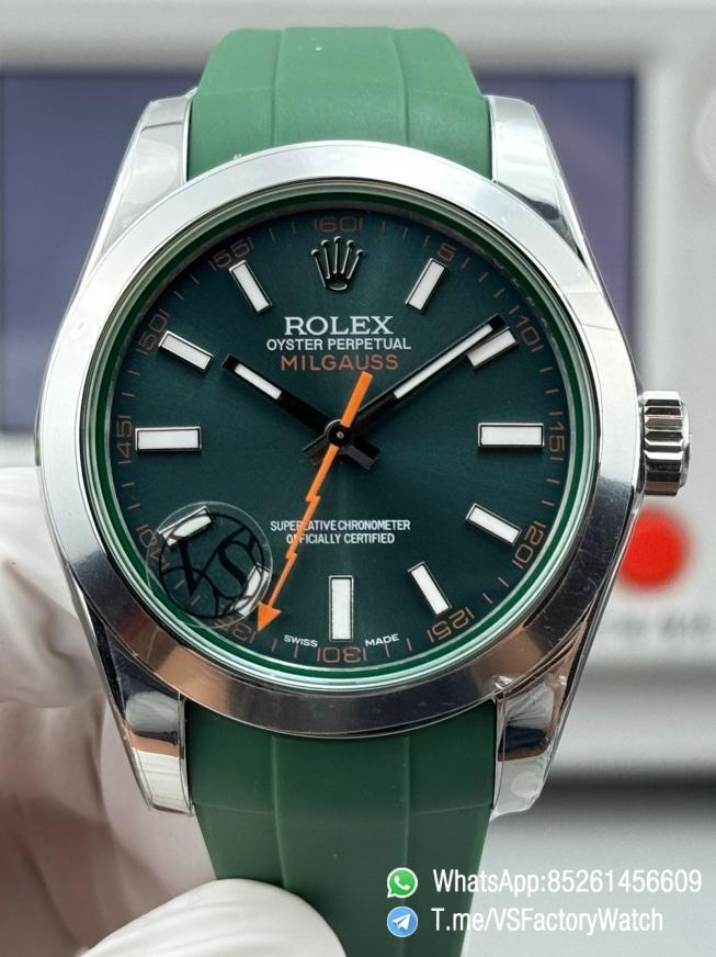 VSF Watch Milgauss 116400 Green Dial Orange Lightning Second Hand Green Crystal Steel Case Smooth Bezel Green Rubber Strap VS3131 Movement 00 VSF Watch Milgauss 116400 Green Dial Orange Lightning Second Hand Green Crystal Steel Case Smooth Bezel Green Rubber Strap VS3131 Movement 00