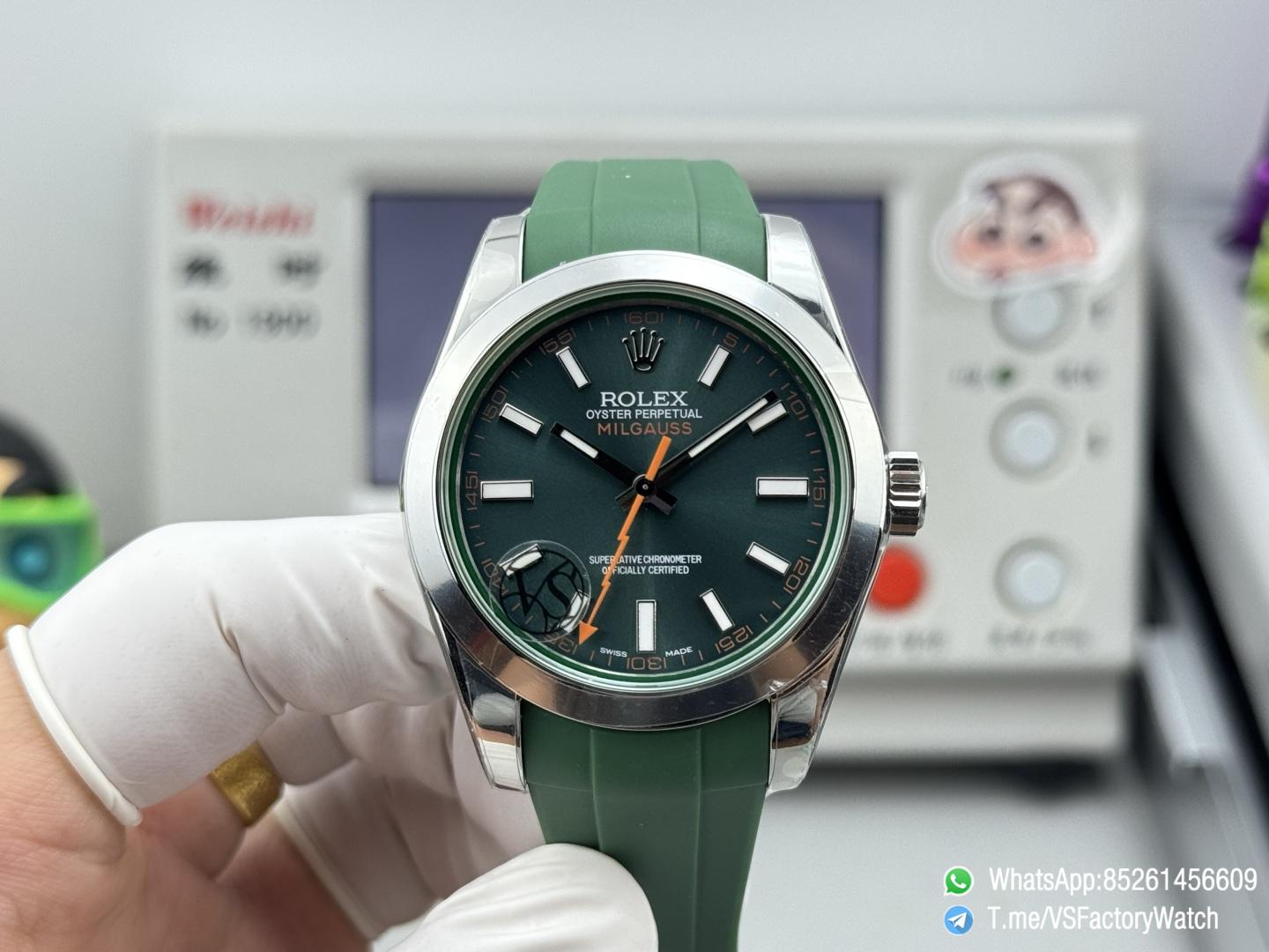 VSF Watch Milgauss 116400 Green Dial Orange Lightning Second Hand Green Crystal Steel Case Smooth Bezel Green Rubber Strap VS3131 Movement 01 VSF Watch Milgauss 116400 Green Dial Orange Lightning Second Hand Green Crystal Steel Case Smooth Bezel Green Rubber Strap VS3131 Movement 01