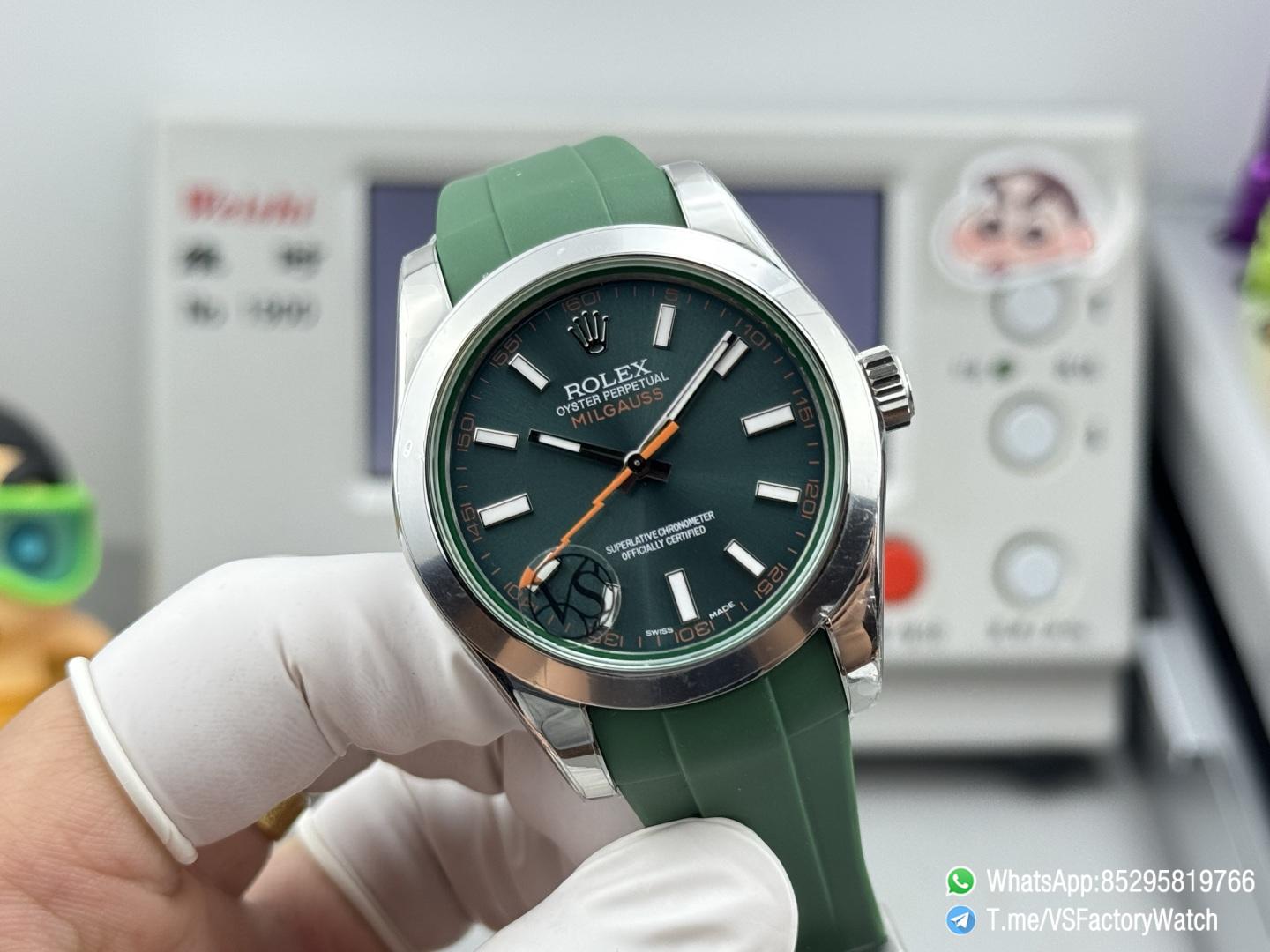 VSF Watch Milgauss 116400 Green Dial Orange Lightning Second Hand Green Crystal Steel Case Smooth Bezel Green Rubber Strap VS3131 Movement 02 VSF Watch Milgauss 116400 Green Dial Orange Lightning Second Hand Green Crystal Steel Case Smooth Bezel Green Rubber Strap VS3131 Movement 02