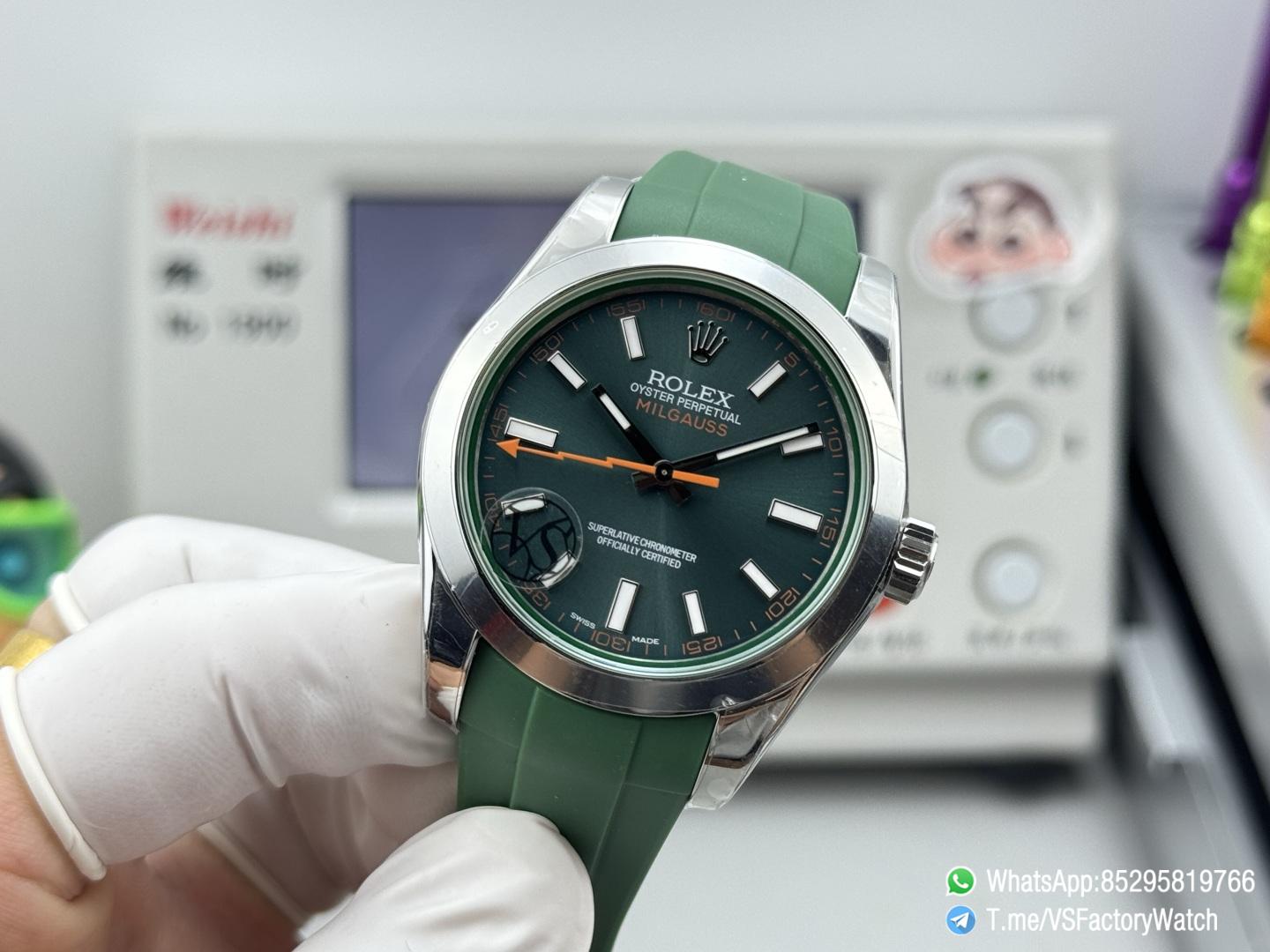 VSF Watch Milgauss 116400 Green Dial Orange Lightning Second Hand Green Crystal Steel Case Smooth Bezel Green Rubber Strap VS3131 Movement 03 VSF Watch Milgauss 116400 Green Dial Orange Lightning Second Hand Green Crystal Steel Case Smooth Bezel Green Rubber Strap VS3131 Movement 03