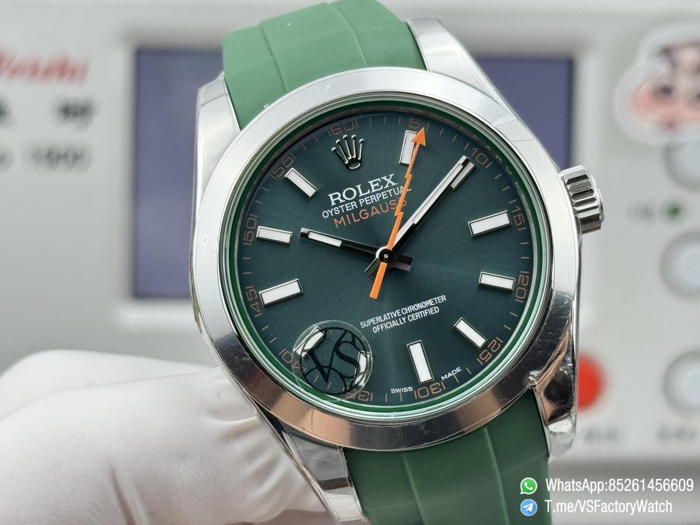 VSF Watch Milgauss 116400 Green Dial Orange Lightning Second Hand Green Crystal Steel Case Smooth Bezel Green Rubber Strap VS3131 Movement 04 VSF Watch Milgauss 116400 Green Dial Orange Lightning Second Hand Green Crystal Steel Case Smooth Bezel Green Rubber Strap VS3131 Movement 04