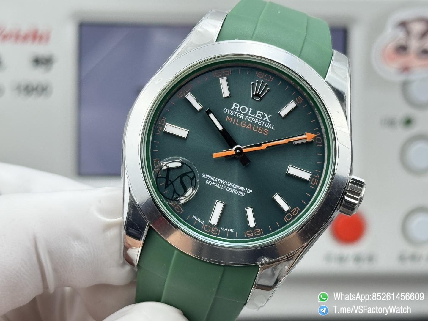 VSF Watch Milgauss 116400 Green Dial Orange Lightning Second Hand Green Crystal Steel Case Smooth Bezel Green Rubber Strap VS3131 Movement 05 VSF Watch Milgauss 116400 Green Dial Orange Lightning Second Hand Green Crystal Steel Case Smooth Bezel Green Rubber Strap VS3131 Movement 05
