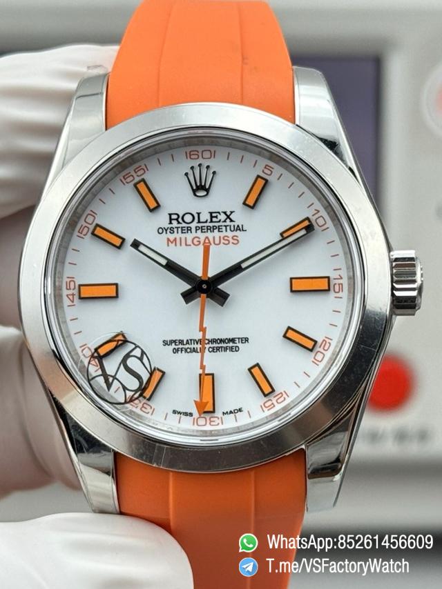 VSF Watch Milgauss 116400 White Dial Orang Indexes Lightning Hand Steel Case Smooth Bezel Orange Rubber Strap VS3131 Movement 00 VSF Watch Milgauss 116400 White Dial Orang Indexes Lightning Hand Steel Case Smooth Bezel Orange Rubber Strap VS3131 Movement 00