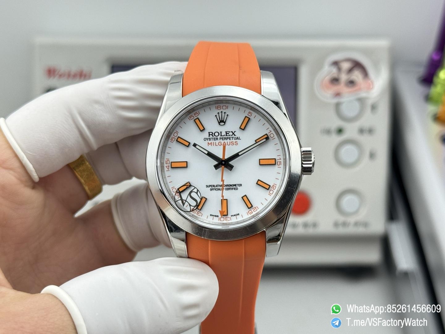 VSF Watch Milgauss 116400 White Dial Orang Indexes Lightning Hand Steel Case Smooth Bezel Orange Rubber Strap VS3131 Movement 01 VSF Watch Milgauss 116400 White Dial Orang Indexes Lightning Hand Steel Case Smooth Bezel Orange Rubber Strap VS3131 Movement 01