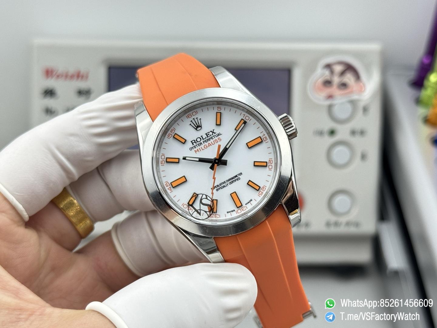 VSF Watch Milgauss 116400 White Dial Orang Indexes Lightning Hand Steel Case Smooth Bezel Orange Rubber Strap VS3131 Movement 02 VSF Watch Milgauss 116400 White Dial Orang Indexes Lightning Hand Steel Case Smooth Bezel Orange Rubber Strap VS3131 Movement 02