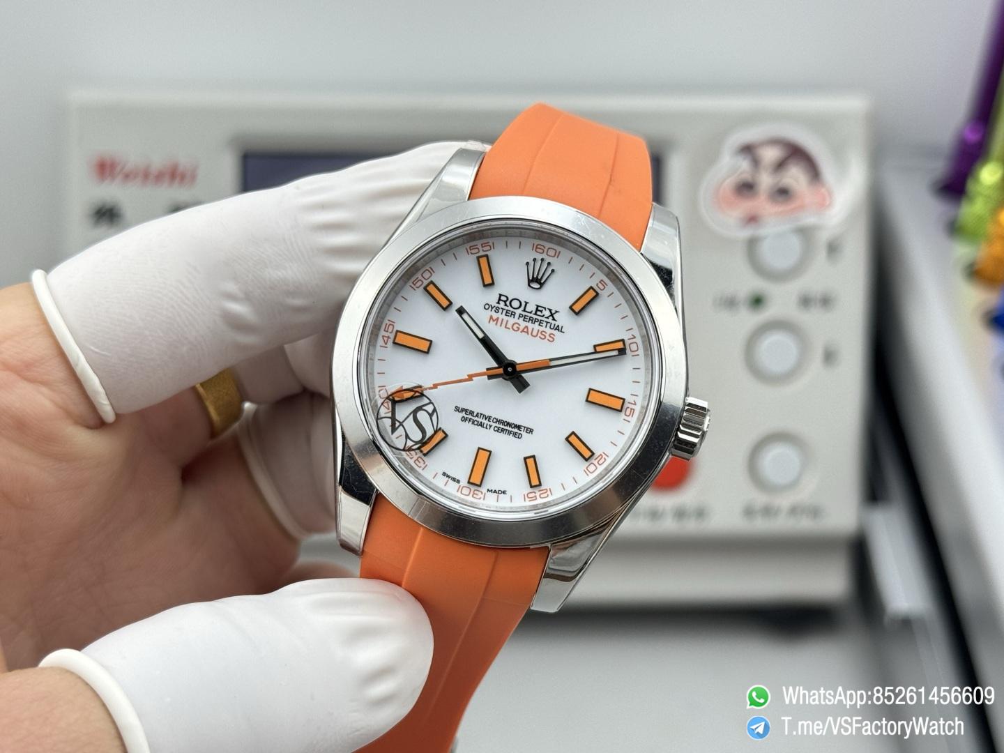 VSF Watch Milgauss 116400 White Dial Orang Indexes Lightning Hand Steel Case Smooth Bezel Orange Rubber Strap VS3131 Movement 03 VSF Watch Milgauss 116400 White Dial Orang Indexes Lightning Hand Steel Case Smooth Bezel Orange Rubber Strap VS3131 Movement 03
