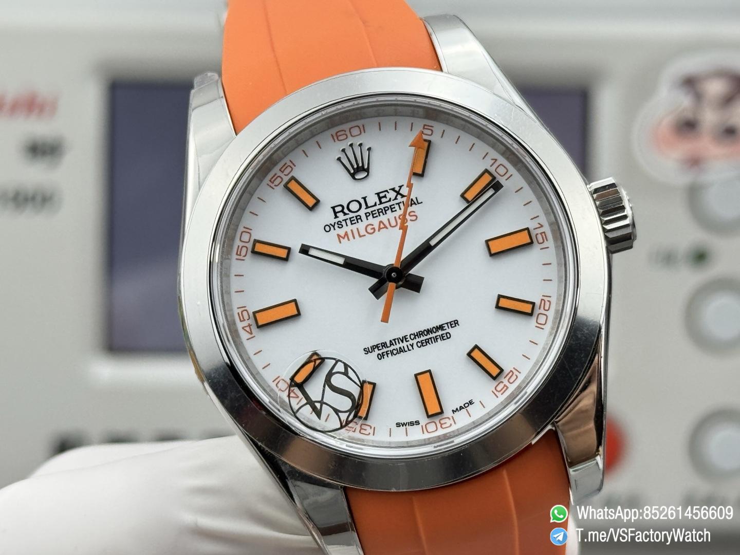 VSF Watch Milgauss 116400 White Dial Orang Indexes Lightning Hand Steel Case Smooth Bezel Orange Rubber Strap VS3131 Movement 04 VSF Watch Milgauss 116400 White Dial Orang Indexes Lightning Hand Steel Case Smooth Bezel Orange Rubber Strap VS3131 Movement 04