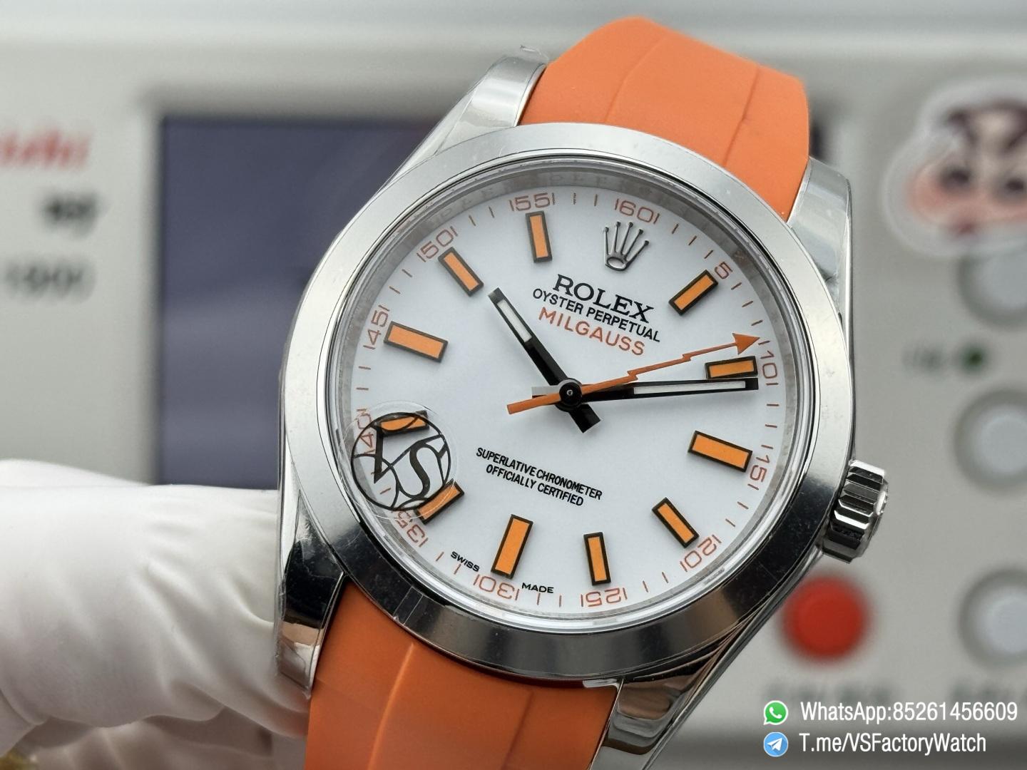 VSF Watch Milgauss 116400 White Dial Orang Indexes Lightning Hand Steel Case Smooth Bezel Orange Rubber Strap VS3131 Movement 05 VSF Watch Milgauss 116400 White Dial Orang Indexes Lightning Hand Steel Case Smooth Bezel Orange Rubber Strap VS3131 Movement 05