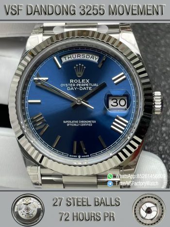 VSF Watches DayDate 40mm 228239 Blue Dial with Roman Indexes 904L Stainless Steel Case and President Bracelet VS3255 V2 Weight 182g 000000