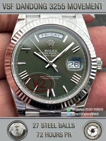 VSF Watches DayDate 40mm 228239 Green Dial with Roma Indexes 904L Stainless Steel Case and President Bracelet DanDong 3255 Movement V2 Weight 182g 00000