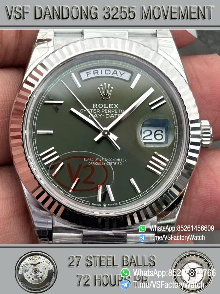 VSF Watches DayDate 40mm 228239 Green Dial with Roma Indexes 904L Stainless Steel Case and President Bracelet DanDong 3255 Movement V2 Weight 182g 00000 VSF Watches DayDate 40mm 228239 Green Dial with Roma Indexes 904L Stainless Steel Case and President Bracelet DanDong 3255 Movement V2 Weight 182g 00000