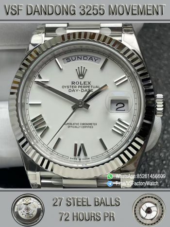 VSF Watches DayDate 40mm 228239 White Dial with Roman Indexes 904L Stainless Steel Case and President Bracelet VS3255 V2 Weight 182g 000000