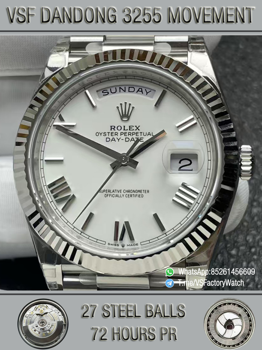 VSF Watches DayDate 40mm 228239 White Dial with Roman Indexes 904L Stainless Steel Case and President Bracelet VS3255 V2 Weight 182g 000000 VSF Watches DayDate 40mm 228239 White Dial with Roman Indexes 904L Stainless Steel Case and President Bracelet VS3255 V2 Weight 182g 000000