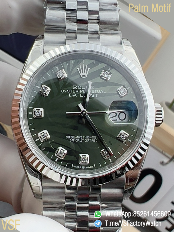 VS Factory Watch Datejust 36 126234 Palm Motif Green Dial Diamonds Hour Markers Jubilee DanDong 3235 Movement 00 VS Factory Watch Datejust 36 126234 Palm Motif Green Dial Diamonds Hour Markers Jubilee DanDong 3235 Movement 00