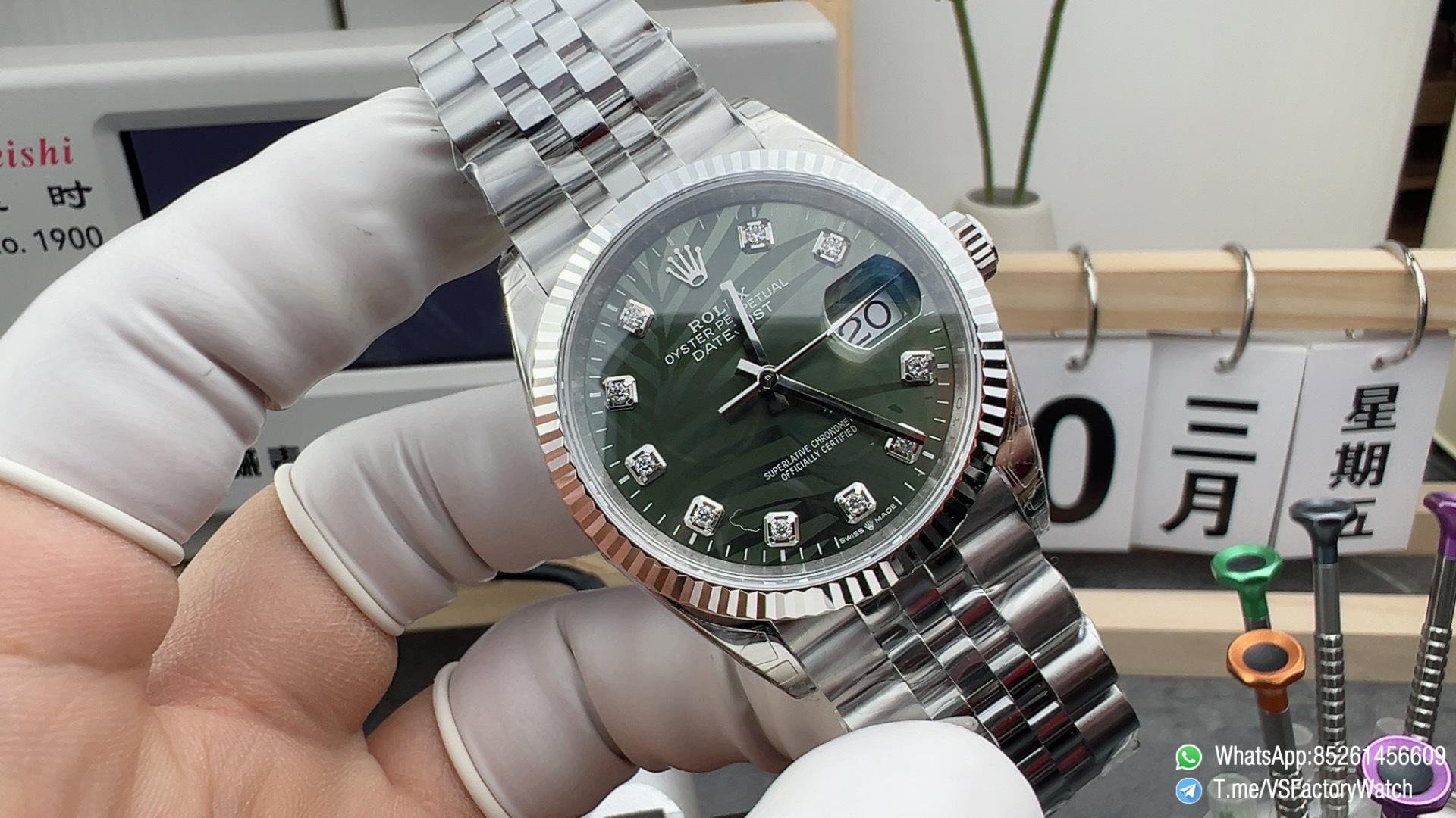VS Factory Watch Datejust 36 126234 Palm Motif Green Dial Diamonds Hour Markers Jubilee DanDong 3235 Movement 01 VS Factory Watch Datejust 36 126234 Palm Motif Green Dial Diamonds Hour Markers Jubilee DanDong 3235 Movement 01