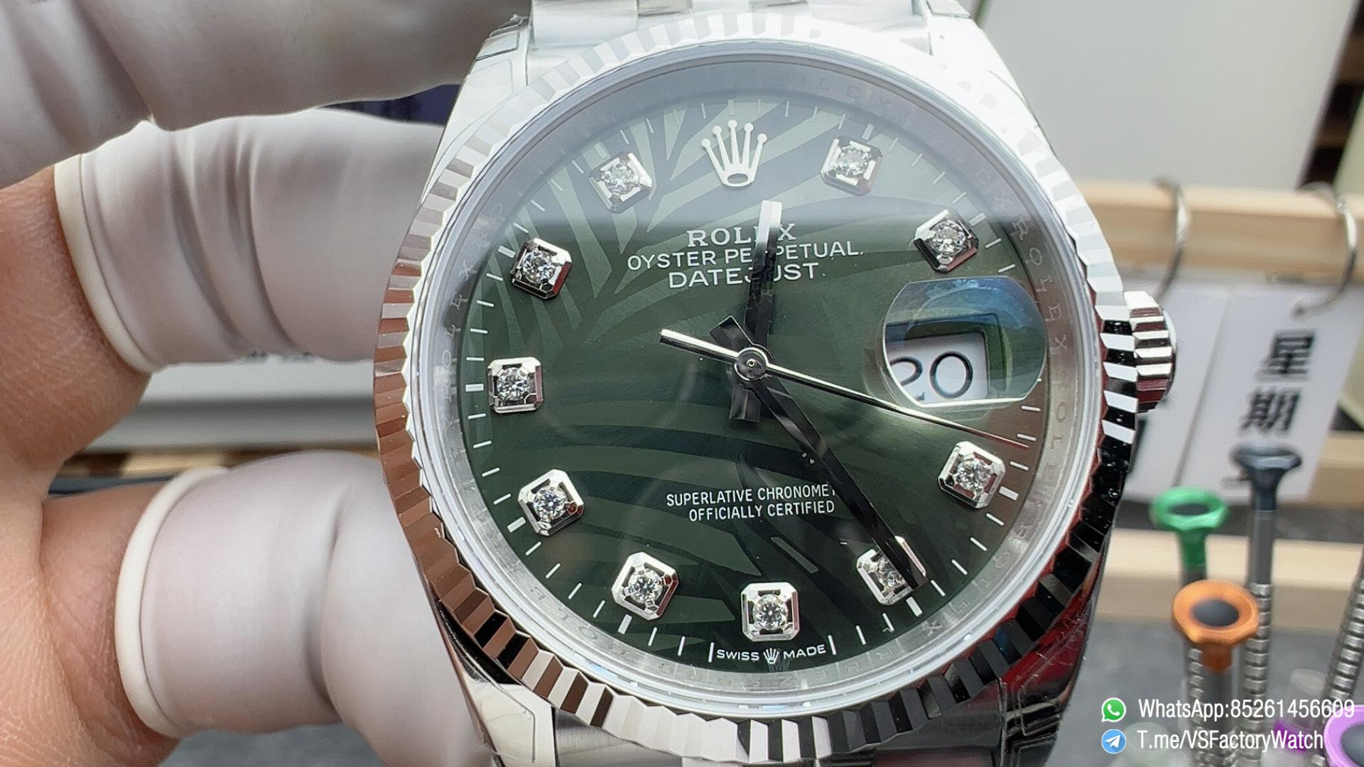 VS Factory Watch Datejust 36 126234 Palm Motif Green Dial Diamonds Hour Markers Jubilee DanDong 3235 Movement 02 VS Factory Watch Datejust 36 126234 Palm Motif Green Dial Diamonds Hour Markers Jubilee DanDong 3235 Movement 02
