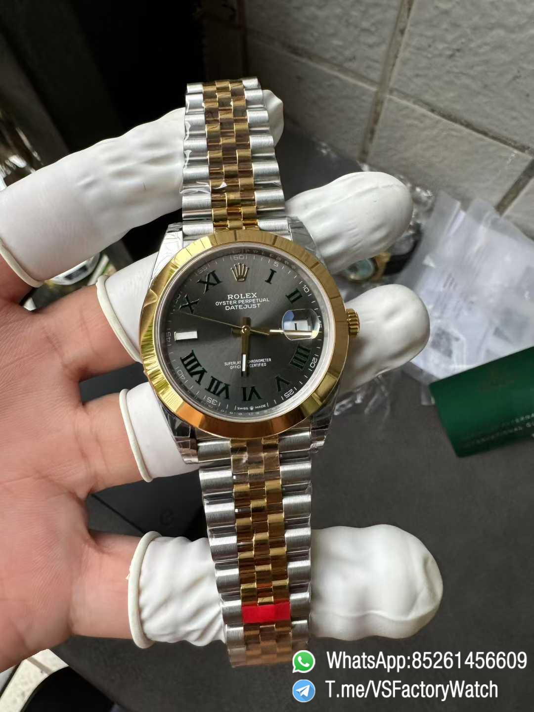 VSF DateJust 41 Wimbledon Ref 126303 Slate Dial Roma Indexes Yellow Gold Smooth Bezel Two Tone Jubilee Bracelet DD3235 Calibre 06 VSF DateJust 41 Wimbledon Ref 126303 Slate Dial Roma Indexes Yellow Gold Smooth Bezel Two Tone Jubilee Bracelet DD3235 Calibre 06