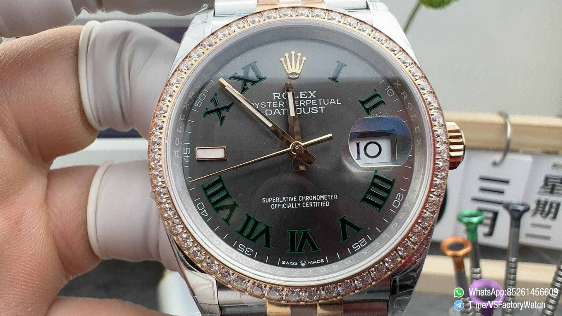 VSF Rolex DateJust 36mm 126231 Slate Dial wtih Green Roman Markers Diamond Bezel Two Tone Rose Gold Steel Jubilee Bracelet DD3235 Caliber 02 VSF Rolex DateJust 36mm 126231 Slate Dial wtih Green Roman Markers Diamond Bezel Two Tone Rose Gold Steel Jubilee Bracelet DD3235 Caliber 02