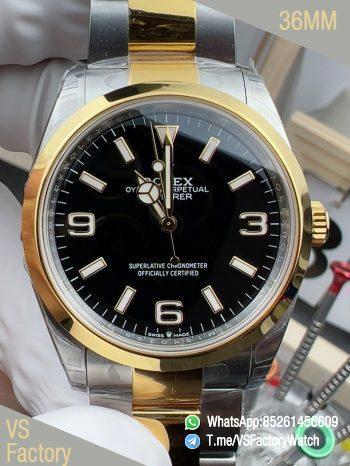 VSF Watch Two Tone Explorer 36 124273 Black Dial Stick and Number 3 6 9 Hour Markers Yellow Gold Bezel Oyster Bracelet DD3230 Calibre 00