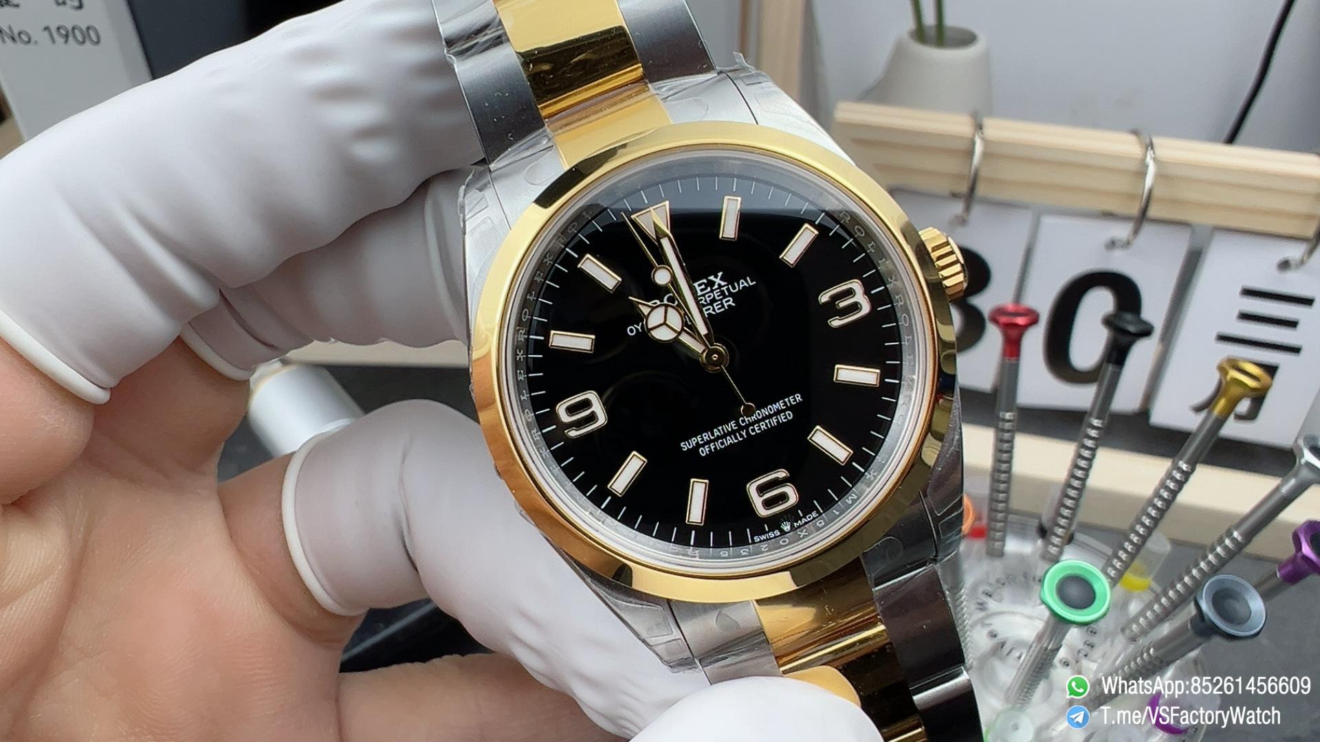 VSF Watch Two Tone Explorer 36 124273 Black Dial Stick and Number 3 6 9 Hour Markers Yellow Gold Bezel Oyster Bracelet DD3230 Calibre 01 VSF Watch Two Tone Explorer 36 124273 Black Dial Stick and Number 3 6 9 Hour Markers Yellow Gold Bezel Oyster Bracelet DD3230 Calibre 01