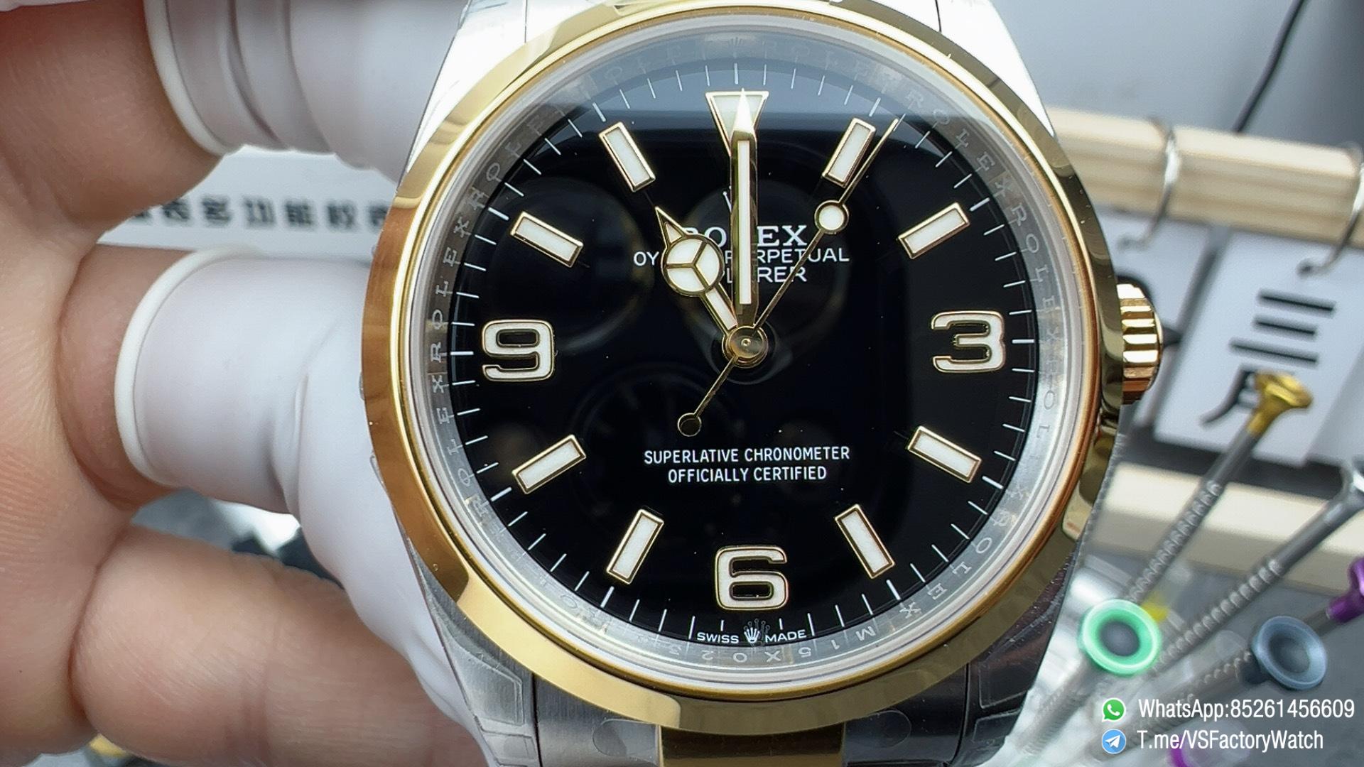 VSF Watch Two Tone Explorer 36 124273 Black Dial Stick and Number 3 6 9 Hour Markers Yellow Gold Bezel Oyster Bracelet DD3230 Calibre 02 VSF Watch Two Tone Explorer 36 124273 Black Dial Stick and Number 3 6 9 Hour Markers Yellow Gold Bezel Oyster Bracelet DD3230 Calibre 02