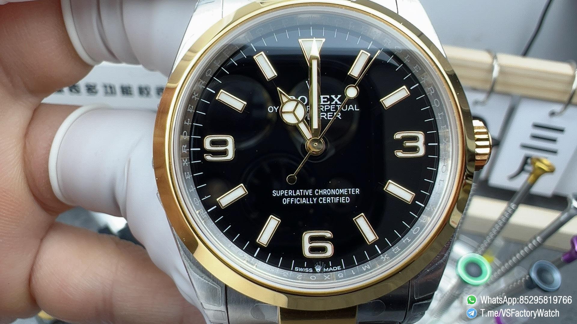 VSF Watch Two Tone Explorer 36 124273 Black Dial Stick and Number 3 6 9 Hour Markers Yellow Gold Bezel Oyster Bracelet DD3230 Calibre 02 VSF Watch Two Tone Explorer 36 124273 Black Dial Stick and Number 3 6 9 Hour Markers Yellow Gold Bezel Oyster Bracelet DD3230 Calibre 02